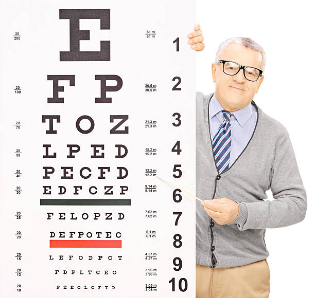 istock Senior man standing behind eyesight test and pointing with stick 465255835
