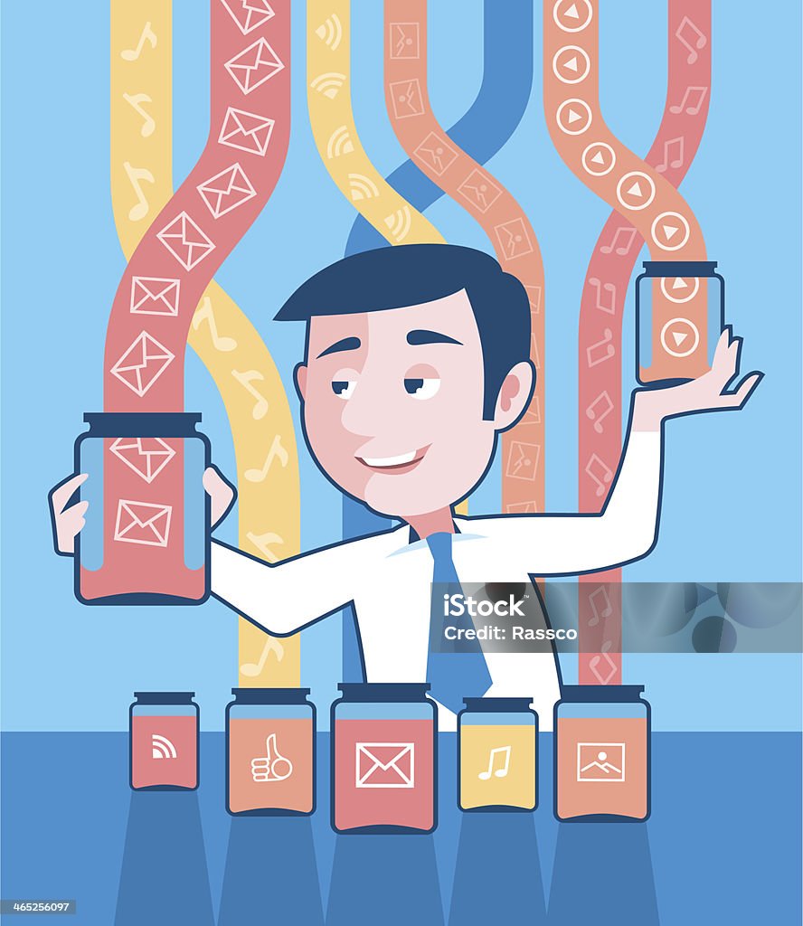 Man is gathering data Businessman is gathering abstract data in transparent containers. Illustration is conveying the idea of collecting and organizing data. Abstract stock vector