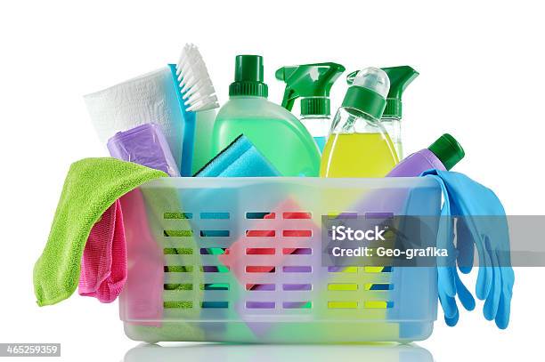 A Basket Full Of Cleaning Supplies And Cloths Stock Photo - Download Image Now - Cleaning, White Background, Cleaning Product