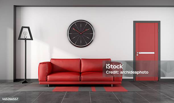 Red White And Black Minimalist Lounge Stock Photo - Download Image Now - Building Entrance, Carpet - Decor, Clock