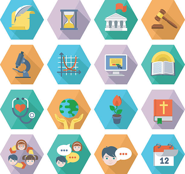 nowoczesny płaskie edukacji ikony w hexagons - religious icon interface icons globe symbol stock illustrations