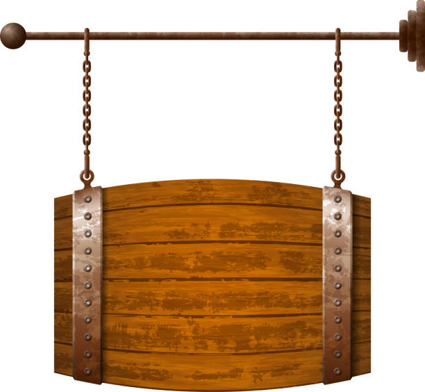 Barrel shaped wooden signboard Barrel shaped wooden signboard on rusty chains iron county wisconsin stock illustrations