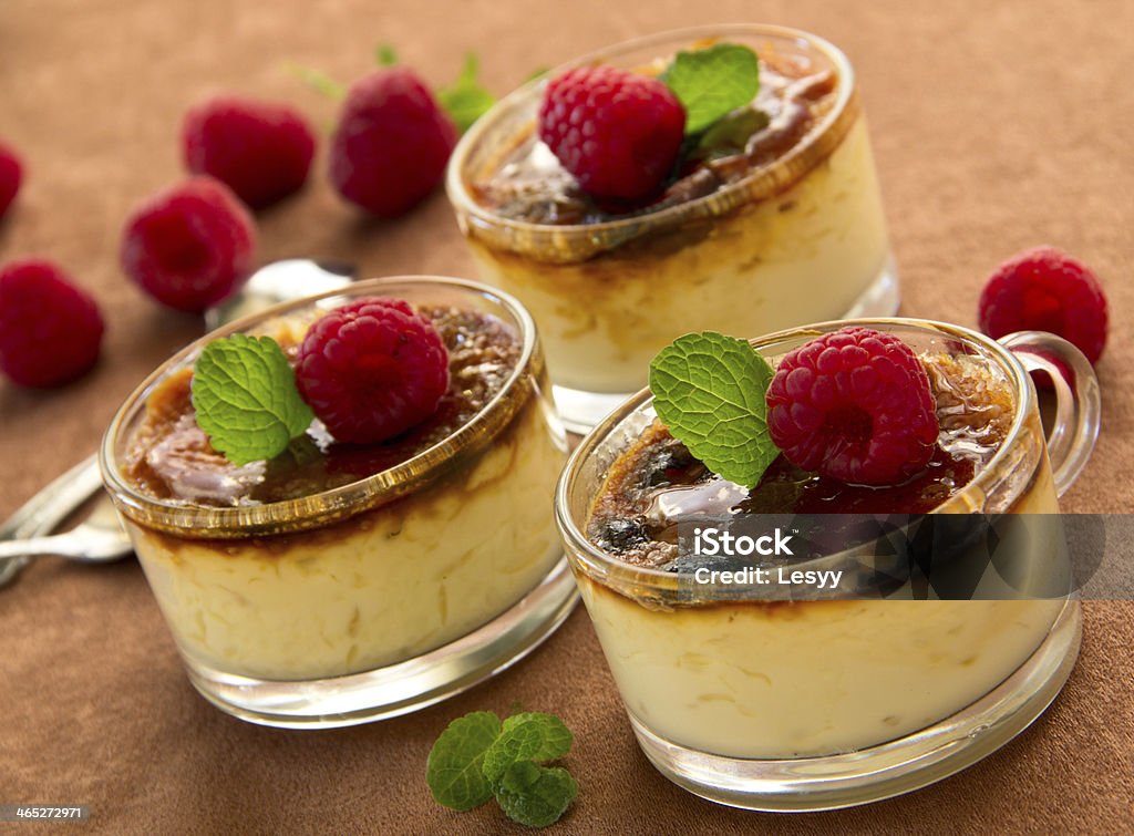 Creme brulee with raspberries and mint. Creme brulee (cream brulee, burnt cream) with raspberries and mint. Baked Stock Photo