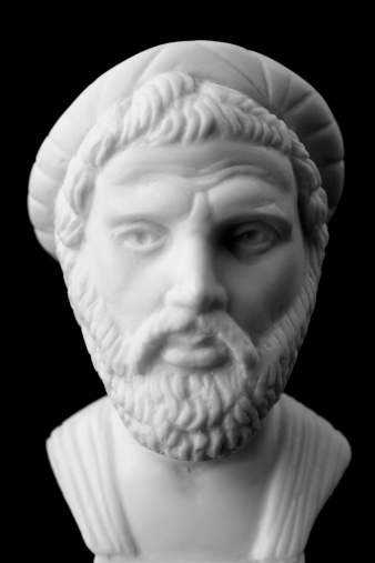 Pythagoras of Samos, was an important Greek philosopher, mathematician, geometer and music theorist.  White marble bust.