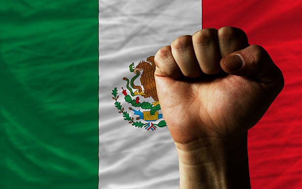 Hard fist in front of mexico flag stock photo