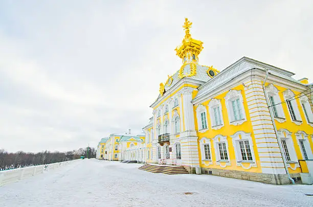 Big Palace in Peterhof, winter view, cold dome with double head eagle, St. Petersburg, Russia