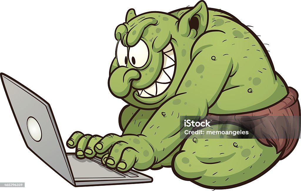 A cartoon showing an internet troll Internet troll using a laptop. Vector clip art illustration with simple gradients. All in a single layer. Troll - Fictional Character stock vector