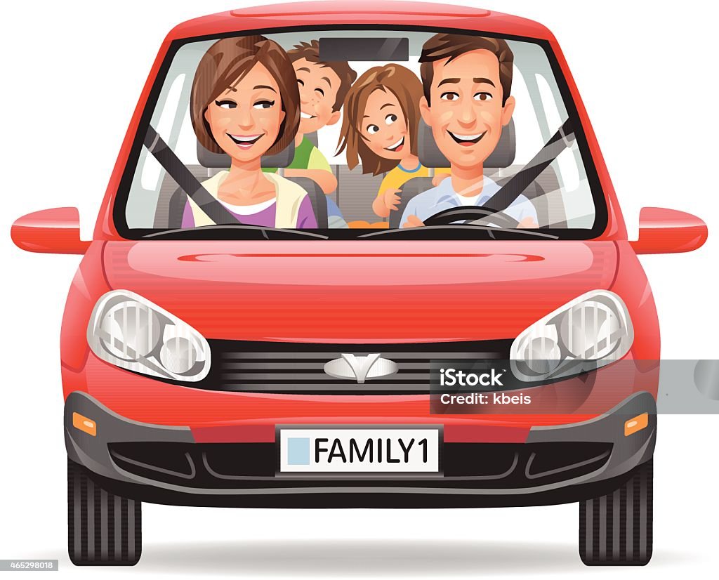Family Driving In A Red Car Vector illustration of a happy family with two kids driving in a red car, isolated on white. EPS 10. Family stock vector