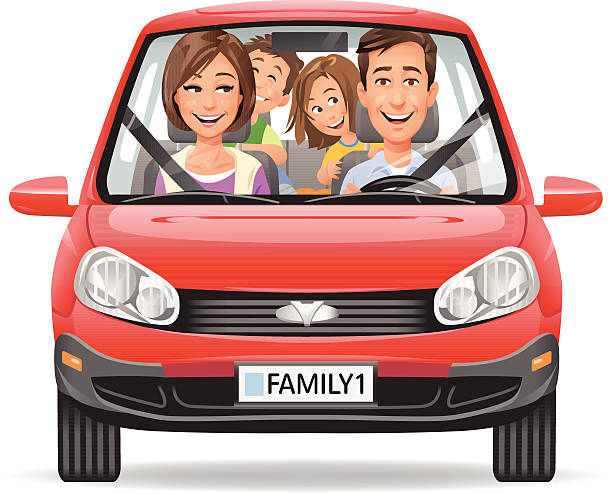 Family Driving In A Red Car Vector illustration of a happy family with two kids driving in a red car, isolated on white. EPS 10. family in car stock illustrations