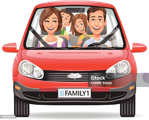 Family Driving In A Red Car Stock Illustration - Download Image Now - Family, Car, Cartoon