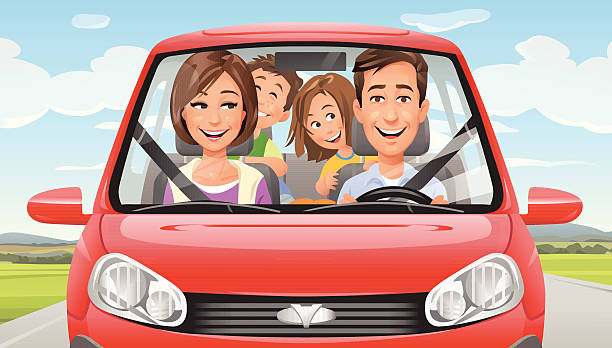 Family On A Road Trip Vector illustration of a happy family with two kids driving in a red car on a country road. EPS 10. family in car stock illustrations