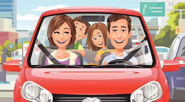 ilustrações de stock, clip art, desenhos animados e ícones de família condução na cidade - vector excitement white red