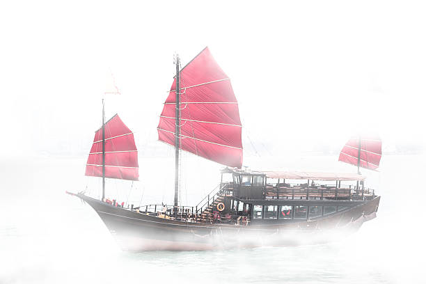 A medieval ship docked near a misty shore. The concept of maritime adventure in the Middle Ages. A huge galleon docked on an abandoned island. The image is ideal for historical, educational, pirate and adventure backgrounds.