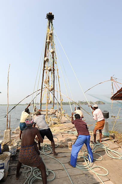 travail des pêcheurs un filet de pêche chinois - kerala harbor malabar coast chinese fishing net photos et images de collection