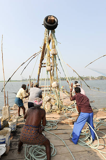 travail des pêcheurs un filet de pêche chinois - kerala harbor malabar coast chinese fishing net photos et images de collection