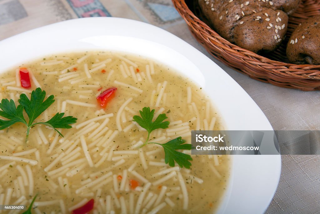 Soup plate A bowl of soup and few slices of bread 2015 Stock Photo