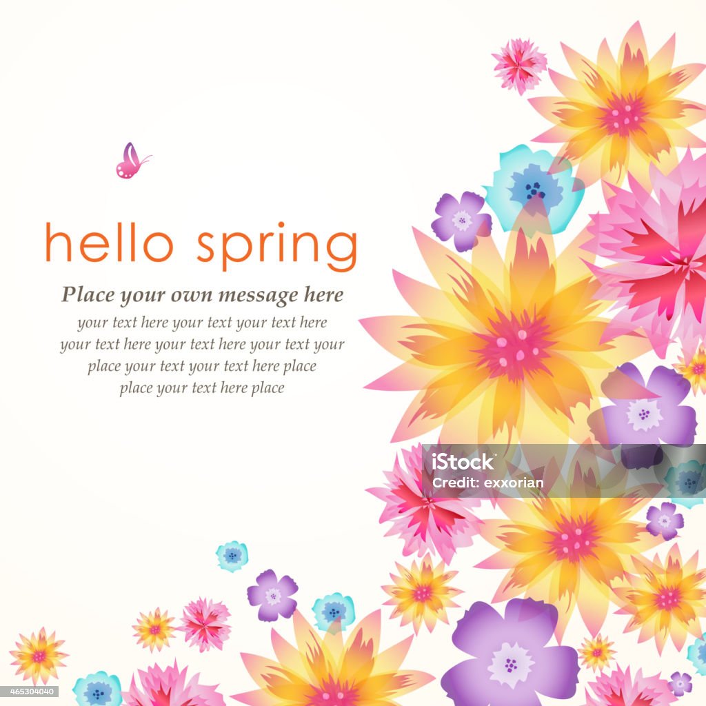 Multicolored floral brochure with hello spring text on it Whimsical spring flowers bloom. 2015 stock vector