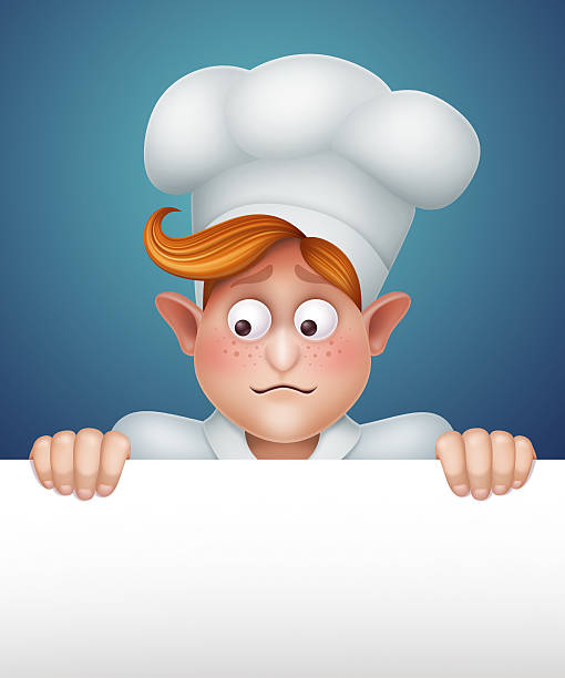 excited cook мальчик, держа баннер, ресторан меню шаблона - chef trainee cooking teenager stock illustrations