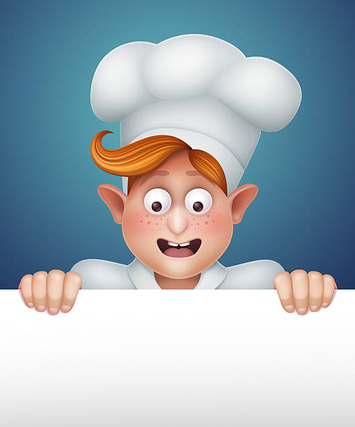 ilustrações de stock, clip art, desenhos animados e ícones de cook rapaz excitado segurando bandeira, modelo de menu de restaurante, - chef trainee cooking teenager