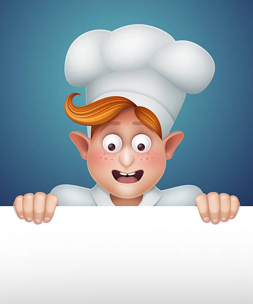 excited cook мальчик, держа баннер, ресторан меню шаблона - chef trainee cooking teenager stock illustrations