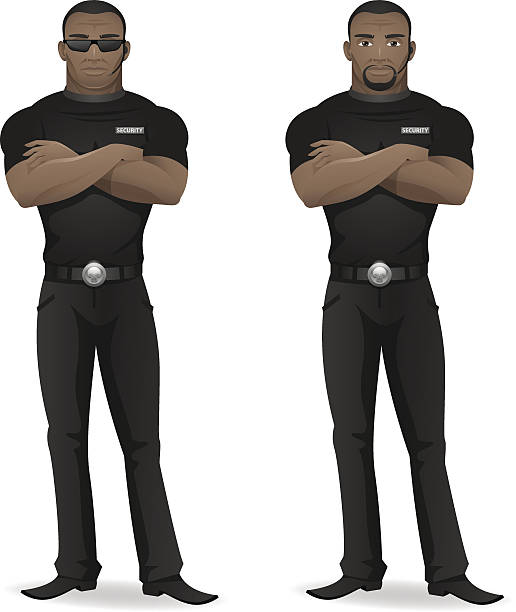 illustrazioni stock, clip art, cartoni animati e icone di tendenza di nero uomo di guardia di sicurezza di night - security guard protection security staff bodyguard