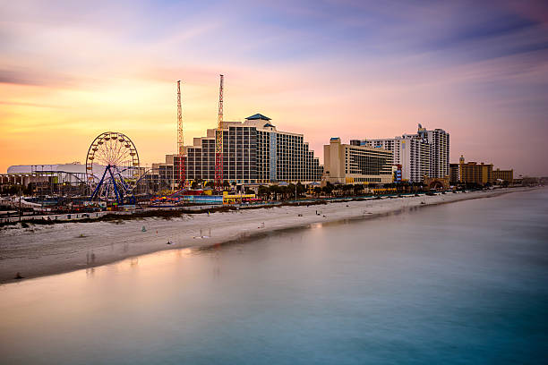 Daytona Beach Florida Beachfront Daytona Beach, Florida, USA beachfront resort skyline. daytona beach stock pictures, royalty-free photos & images