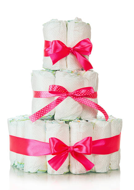 istock Cake of diapers decorated red ribbons 465312335