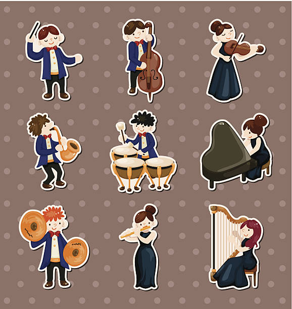 ilustraciones, imágenes clip art, dibujos animados e iconos de stock de pegatinas reproductor de música de orquesta - musical theater child violin musical instrument