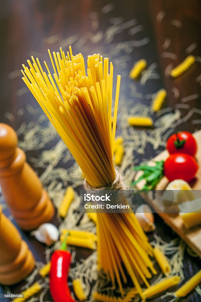 Pasta spaghetti Pasta with tomatoes, parmesan cheese, garlic and pepper 2015 Stock Photo