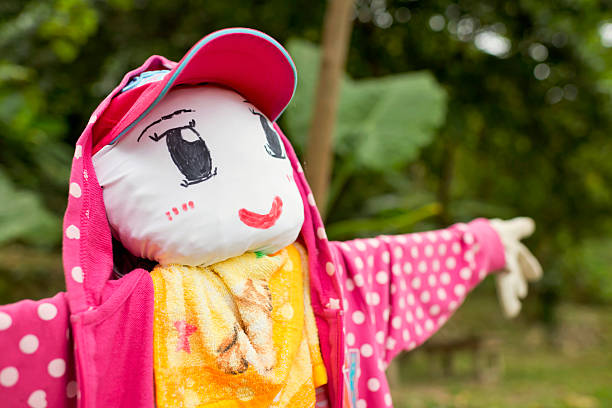 istock Cute scarecrow is wearing pink jacket and hat 465314522