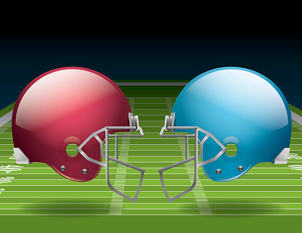 American Football Field and Helmets A vector illustration of an American Football field and helmets. EPS 10. File contains transparencies. Gradient mesh only used in the shadows below the helmets on the field. File is layered. Touchdown stock illustrations