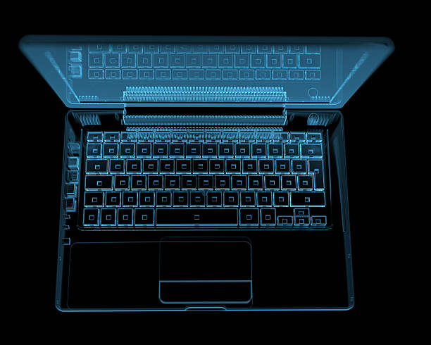istock Overhead illustration of a modern laptop isolated on black 465318341