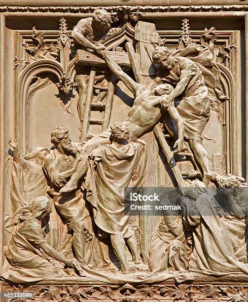 Milan Deposition Of The Cross On Duomo Main Gate Stock Photo - Download Image Now - Abdication, Architecture, Bronze - Alloy