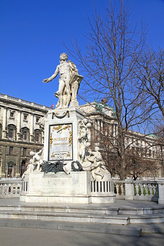 Statue of Wolfgang Amadeus Mozart in front of the national library in Vienna, Austria