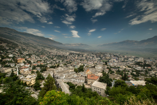 Wide angle view on City of Gjirokastra located in Albanian near boarder of Greece