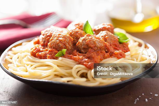 Spaghetti With Meatballs In Tomato Sauce Stock Photo - Download Image Now - Basil, Beef, Close-up