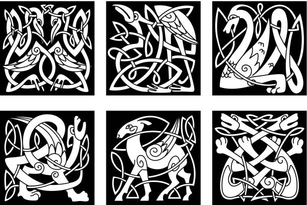Celtic style animals on black background Mythical celtic animals heron, dragon, wolves, deer, gryphon, storks on black background for tattoo, mascot or totem design celtic dragon tattoo stock illustrations