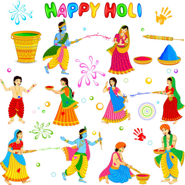 illustrazioni stock, clip art, cartoni animati e icone di tendenza di radha krishna giocano holi - hindustani