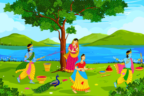 illustrazioni stock, clip art, cartoni animati e icone di tendenza di radha krishna giocano holi - hindustani