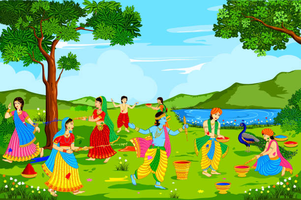 illustrazioni stock, clip art, cartoni animati e icone di tendenza di radha krishna giocano holi - hindustani