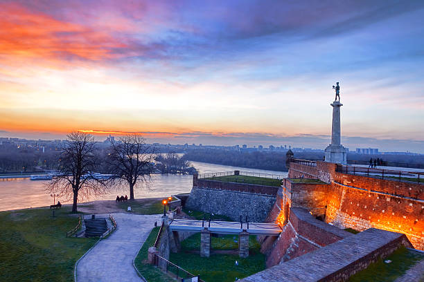 Sunset at Statue of Victory in Belgrade, Serbia View of monument against sunset in Belgrade, capital city of Serbia serbia stock pictures, royalty-free photos & images