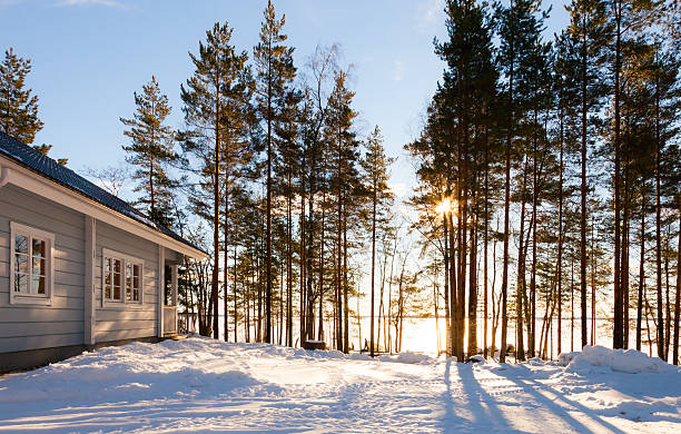 View of the medieval village of Gammelstad with traditional wooden cottages and the bell tower covered with snow and ice, Lulea, Sweden, UNESCO World Heritage site, Lapland, Scandinavia, Europe