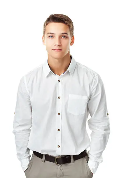 Portrait of young man wearing a white shirt against isolated on white background