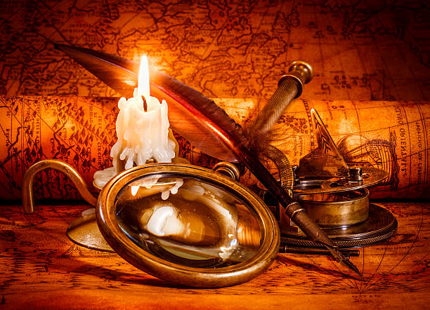istock Vintage still life. Vintage items on ancient map. 465334950