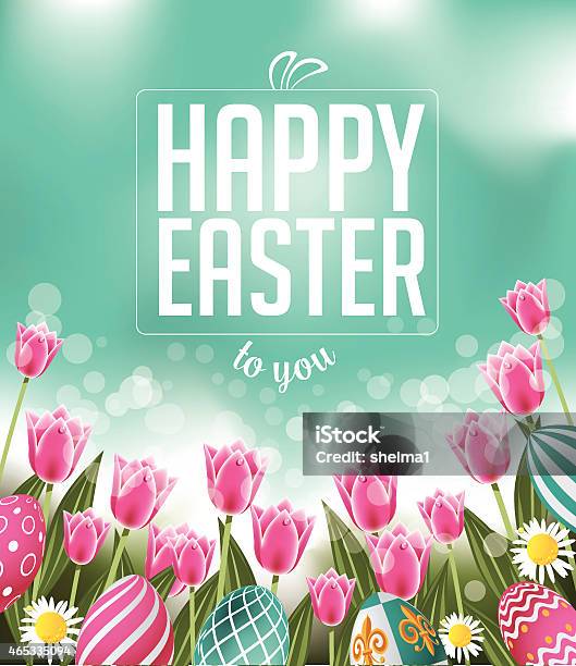 Frohe Ostern Tulpen Eiern Und Text Stock Vektor Art und mehr Bilder von 2015 - 2015, Bildhintergrund, Blau