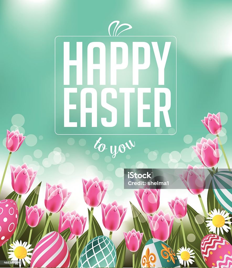 Happy Easter tulips eggs and text Happy Easter tulips eggs and text EPS 10 vector royalty free stock illustration for greeting card, ad, promotion, poster, flier, blog, article, social media 2015 stock vector
