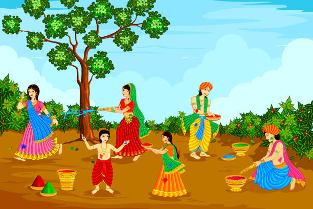 illustrazioni stock, clip art, cartoni animati e icone di tendenza di radha krishna giocano holi - hindustani