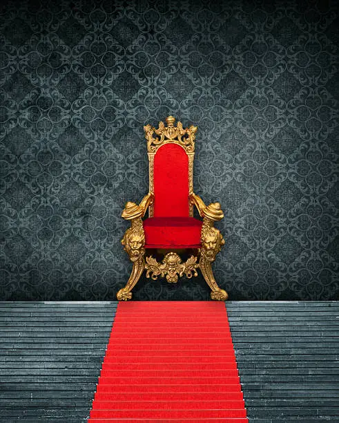 Room Interior With Throne And Red Carpet – the photo is a collage of self-created wallpaper, isolated throne (shopping mall / christmas decoration and steps with red carpet (Gendarmenmarkt Berlin)