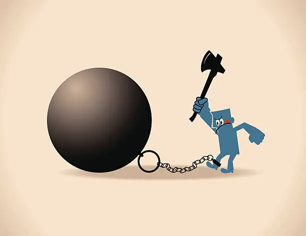 Vector illustration of Freedom concept, man with axe and iron ball and chain