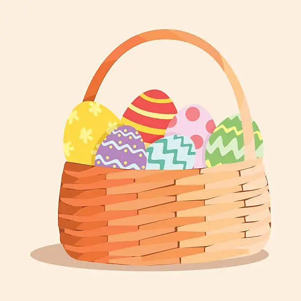 Vector illustration of Easter egg basket with various designs on eggs